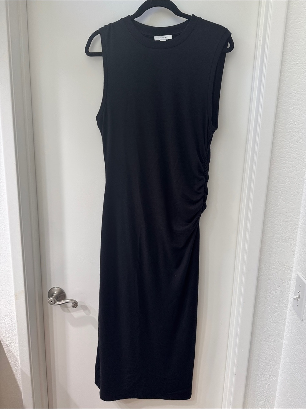 Vince Black Sleeveless Ruched-Side Midi Dress